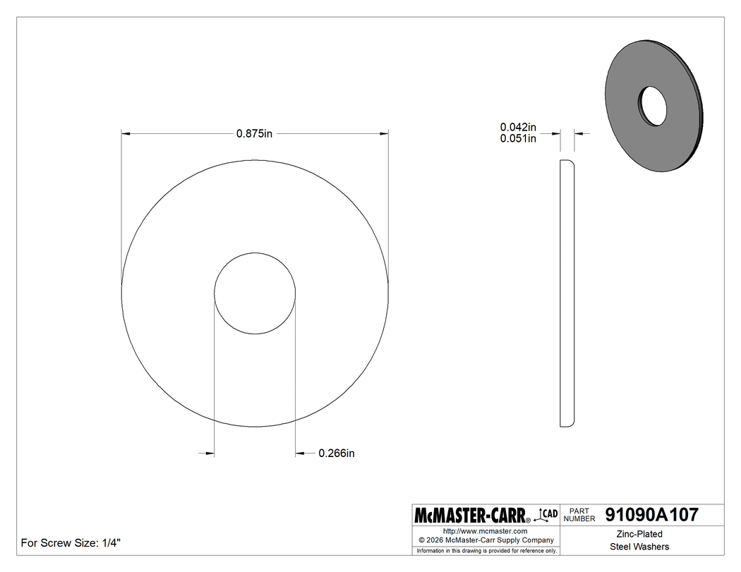 Technical Drawing of Zinc-Plated Steel Washers, Oversized, for 1/4" Screw Size, 0.266" ID, 0.875" OD.